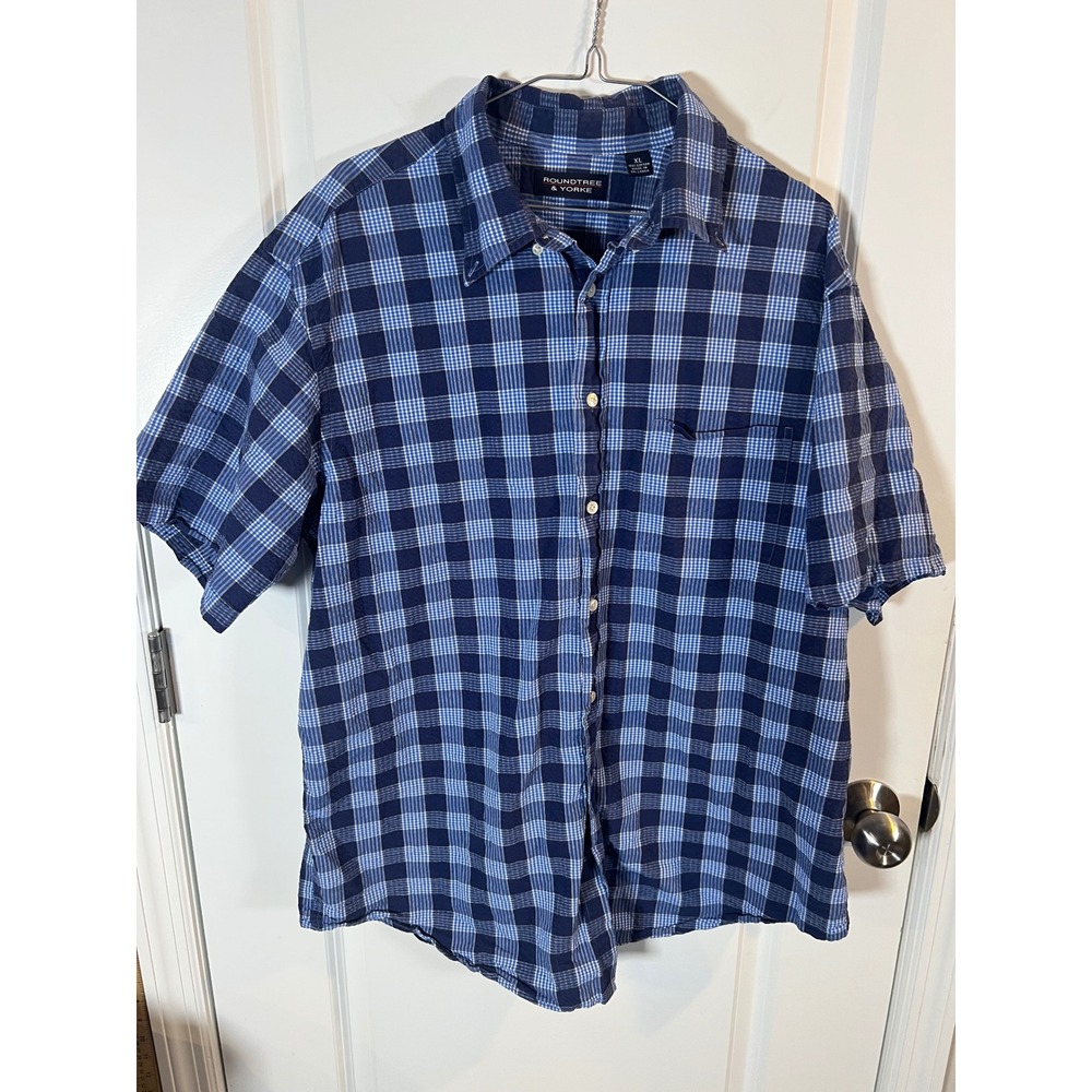 Roundtree & Yorke Mens Button Down Shirt 100% Cotton Plaid Blue XL